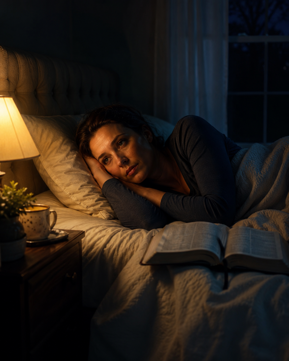 Mulher deitada na cama, com a mente cansada e sem conseguir dormir